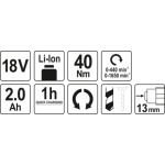 Vrtačka AKU MABUCHI 18V LI-ION, 440-1650 ot/min, kufr , YT-82782